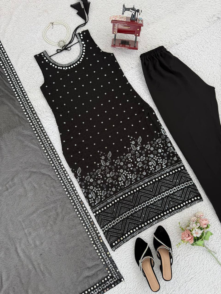 Black Designer Faux Georgette Real Mirror Work Suit Set ClothsVilla