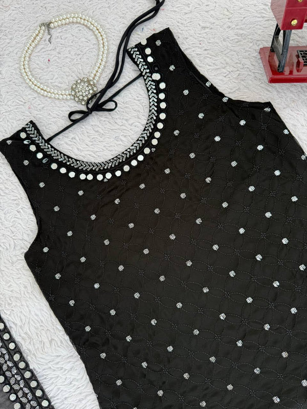 Black Designer Faux Georgette Real Mirror Work Suit Set ClothsVilla