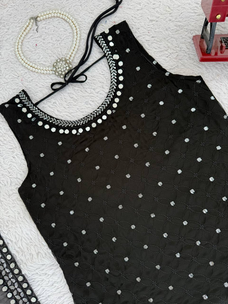 Black Designer Faux Georgette Real Mirror Work Suit Set ClothsVilla