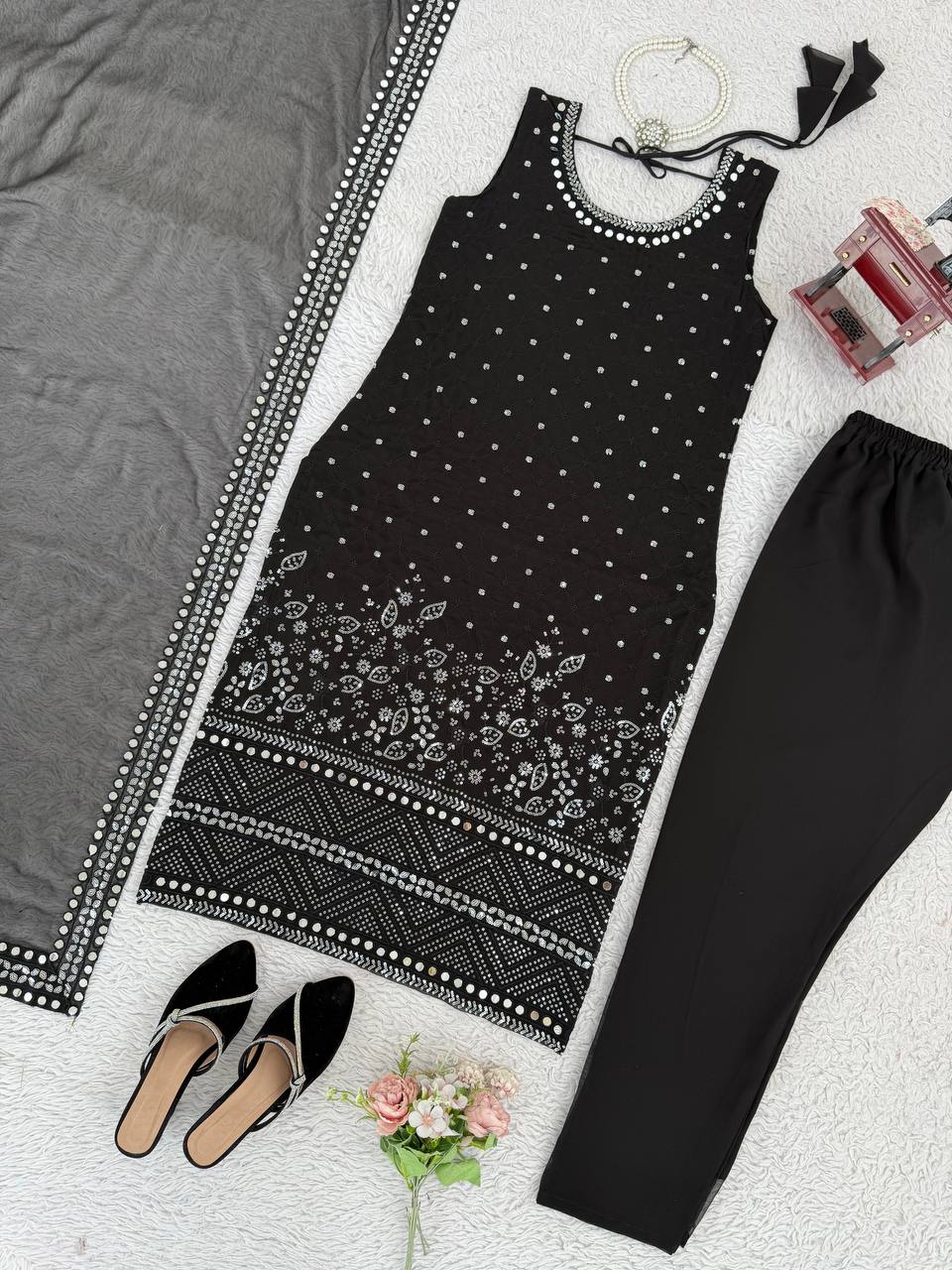 Black Designer Faux Georgette Real Mirror Work Suit Set ClothsVilla