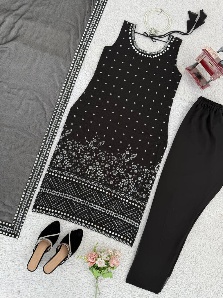 Black Designer Faux Georgette Real Mirror Work Suit Set ClothsVilla