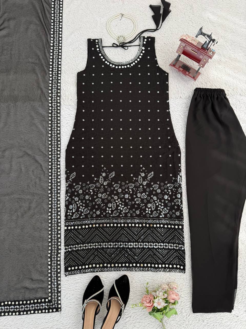 Black Designer Faux Georgette Real Mirror Work Suit Set ClothsVilla
