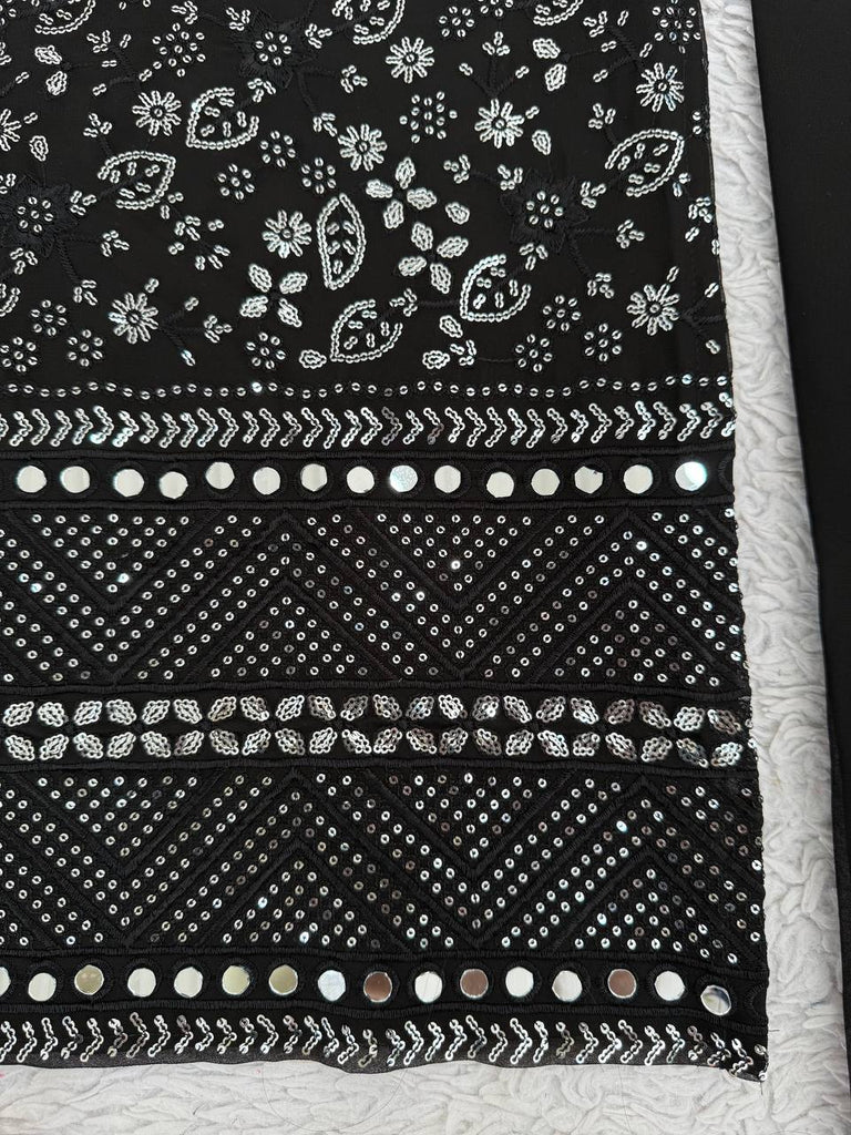 Black Designer Faux Georgette Real Mirror Work Suit Set ClothsVilla