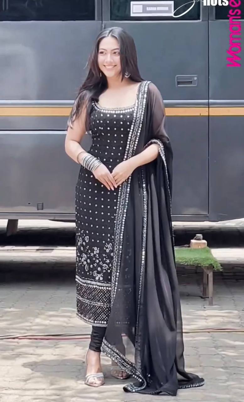 Black Designer Faux Georgette Real Mirror Work Suit Set ClothsVilla