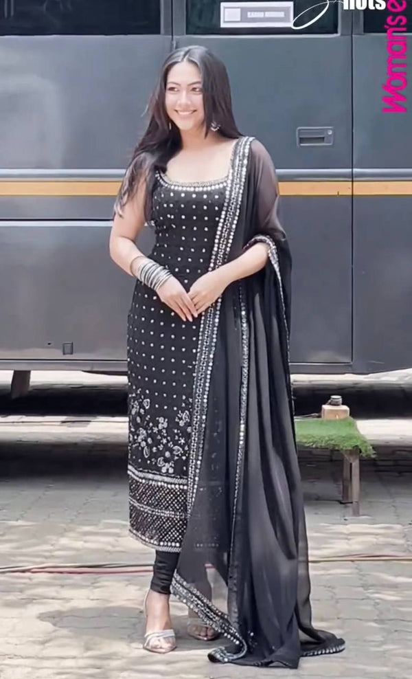 Black Designer Faux Georgette Real Mirror Work Suit Set ClothsVilla