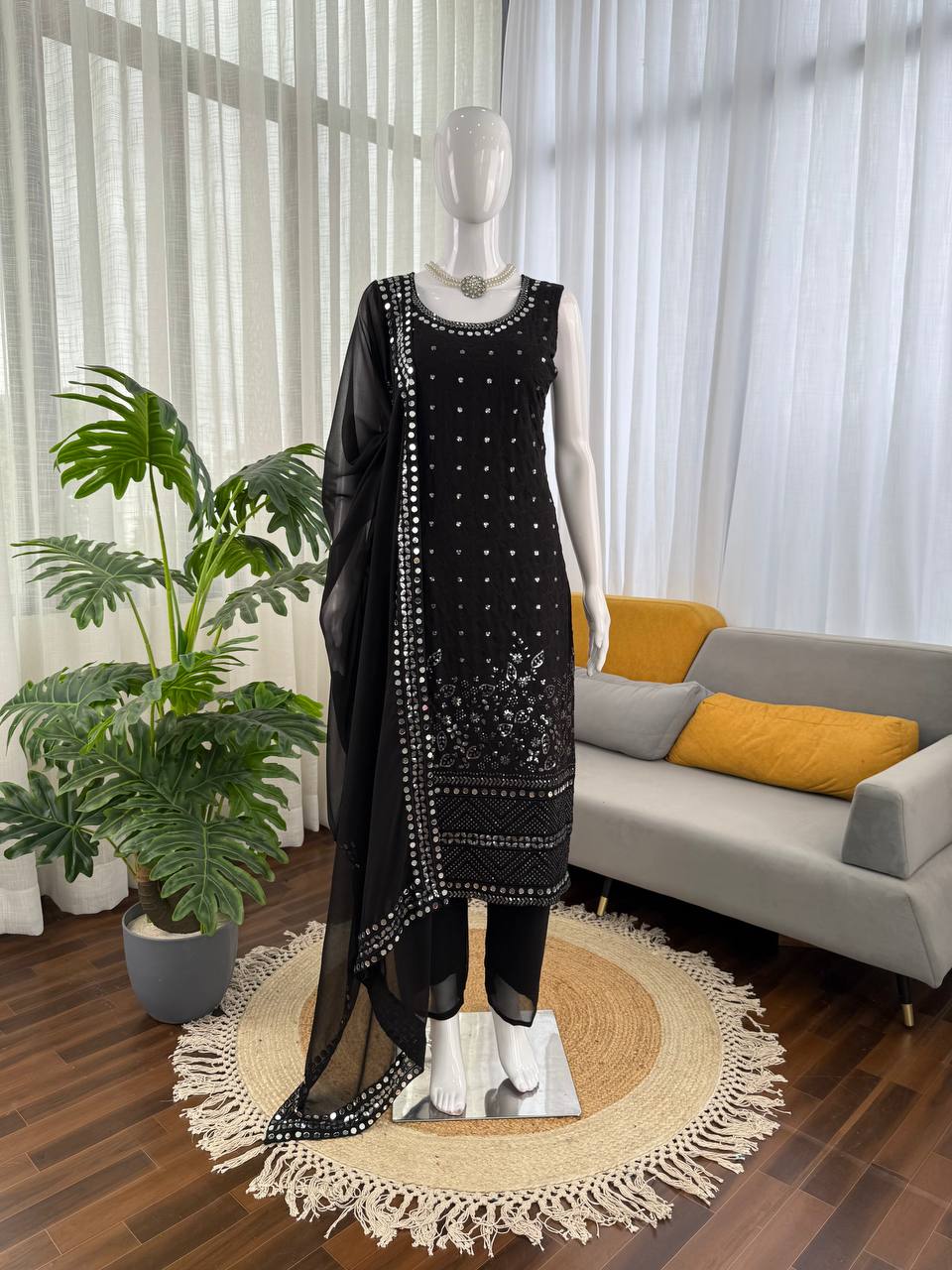 Black Designer Faux Georgette Real Mirror Work Suit Set ClothsVilla