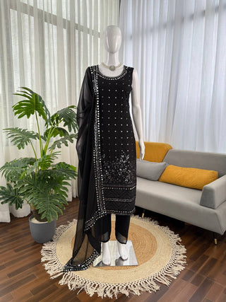 Black Designer Faux Georgette Real Mirror Work Suit Set ClothsVilla