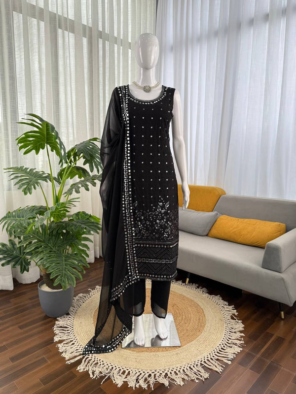 Black Designer Faux Georgette Real Mirror Work Suit Set ClothsVilla