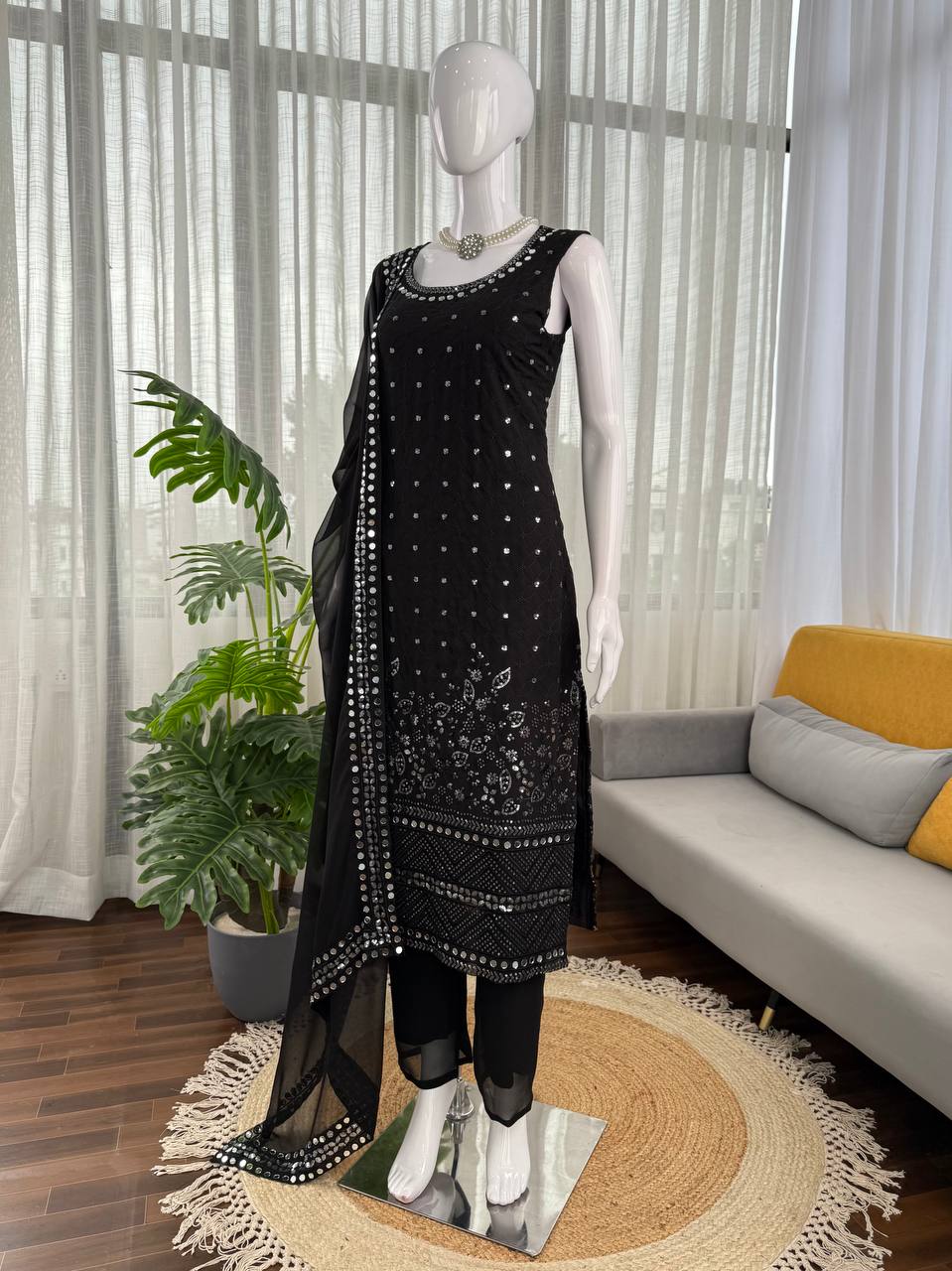 Black Designer Faux Georgette Real Mirror Work Suit Set ClothsVilla