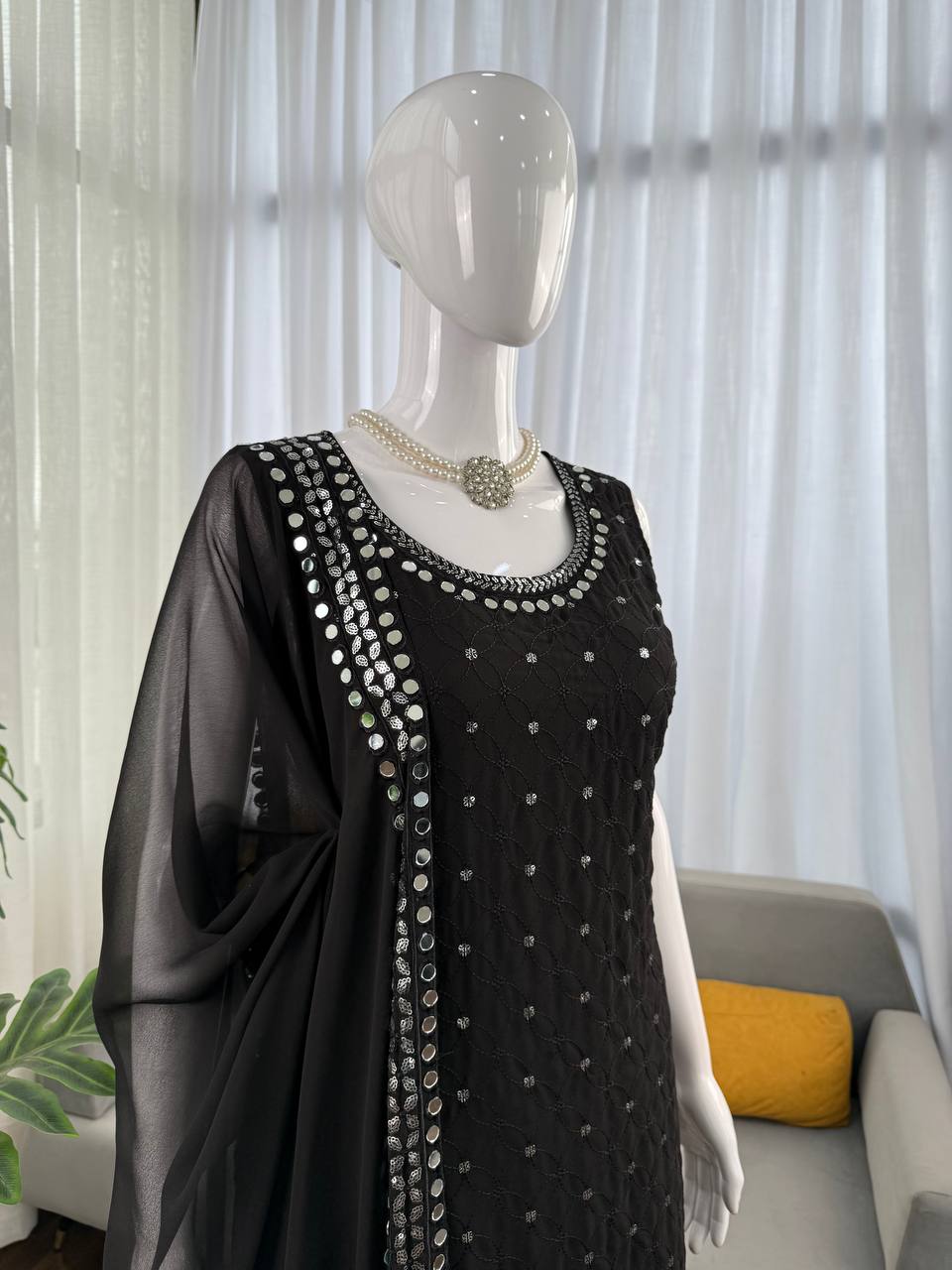 Black Designer Faux Georgette Real Mirror Work Suit Set ClothsVilla