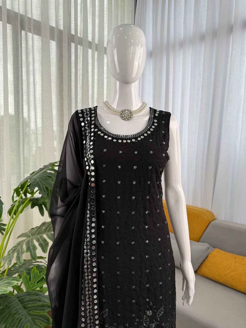 Black Designer Faux Georgette Real Mirror Work Suit Set ClothsVilla