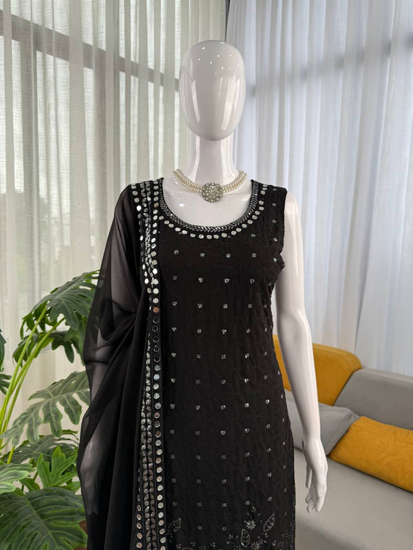 Black Designer Faux Georgette Real Mirror Work Suit Set ClothsVilla