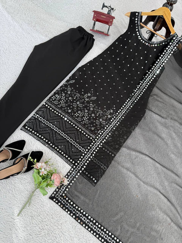 Black Designer Faux Georgette Real Mirror Work Suit Set ClothsVilla