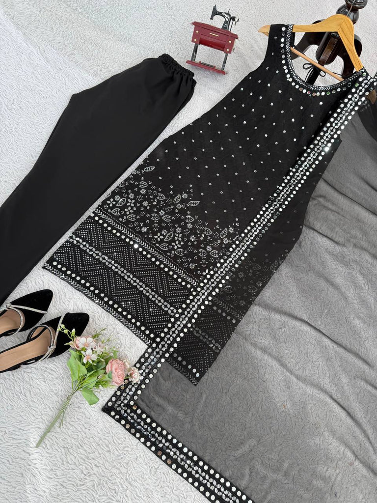 Black Designer Faux Georgette Real Mirror Work Suit Set ClothsVilla