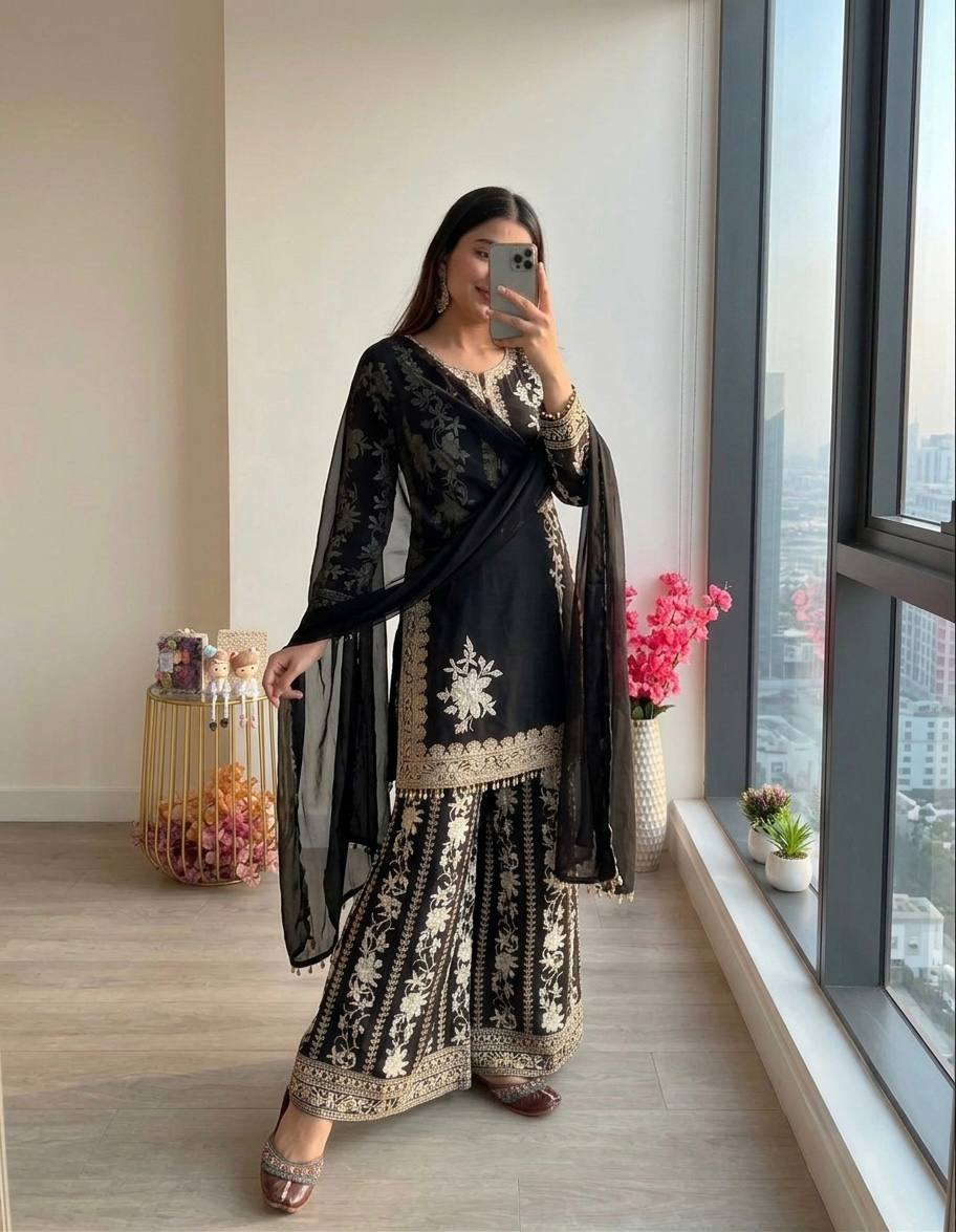 Black Designer Georgette Palazzo Suit ClothsVilla