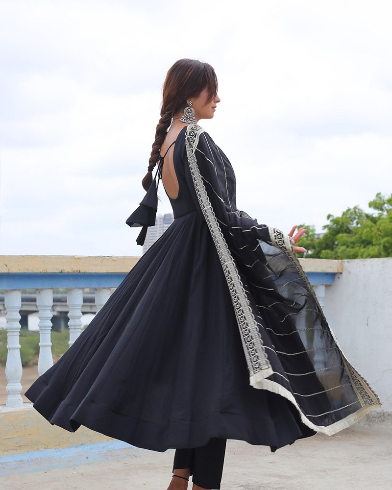 Black Designer Neck Sequence Work Georgette Anarkali Suit with Dupatta S