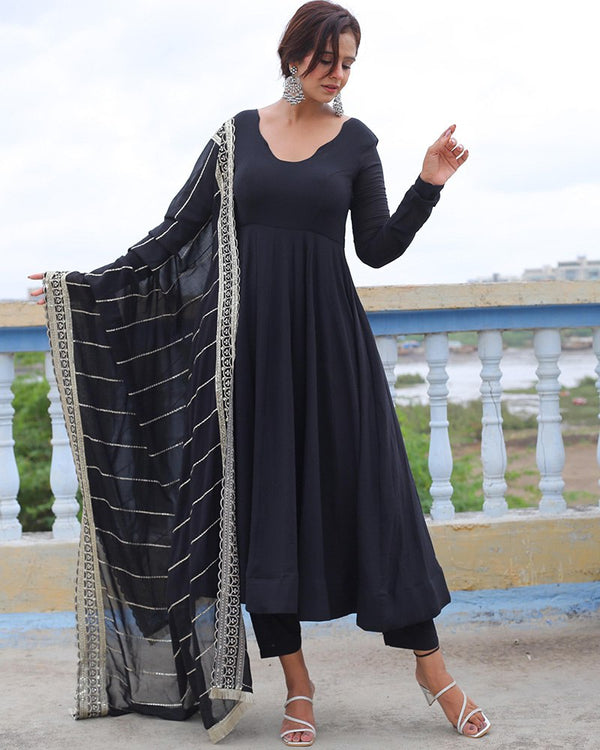 Black Designer Neck Sequence Work Georgette Anarkali Suit with Dupatta ClothsVilla