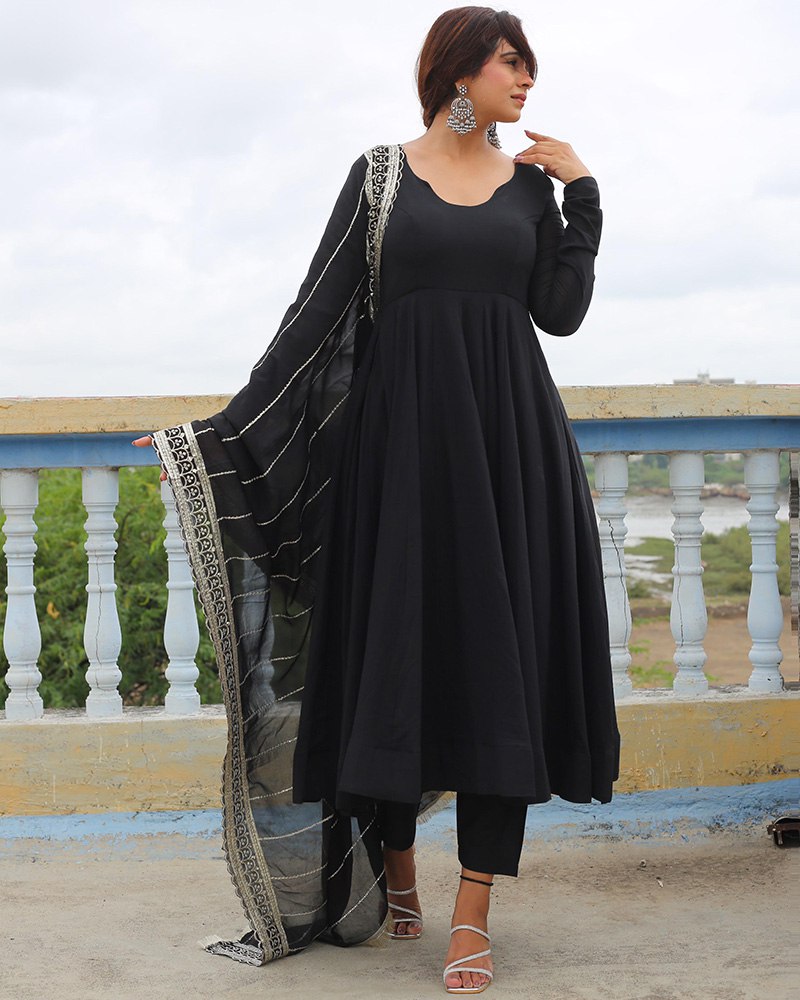 Black Designer Neck Sequence Work Georgette Anarkali Suit with Dupatta ClothsVilla