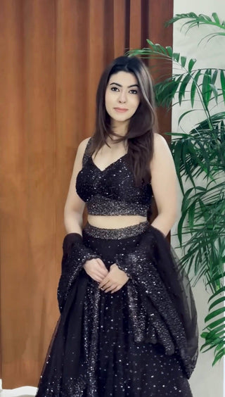 Black Designer Net Sequins & Zari Embroidered Lehenga Choli Set with 3.5 Meter Flair & Matching Dupatta ClothsVilla