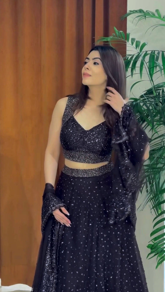 Black Designer Net Sequins & Zari Embroidered Lehenga Choli Set with 3.5 Meter Flair & Matching Dupatta ClothsVilla