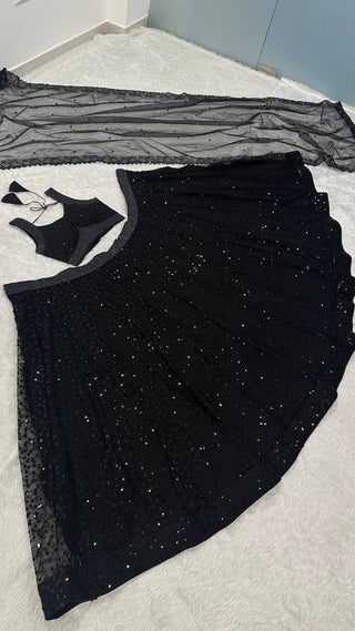 Black Designer Net Sequins & Zari Embroidered Lehenga Choli Set with 3.5 Meter Flair & Matching Dupatta ClothsVilla