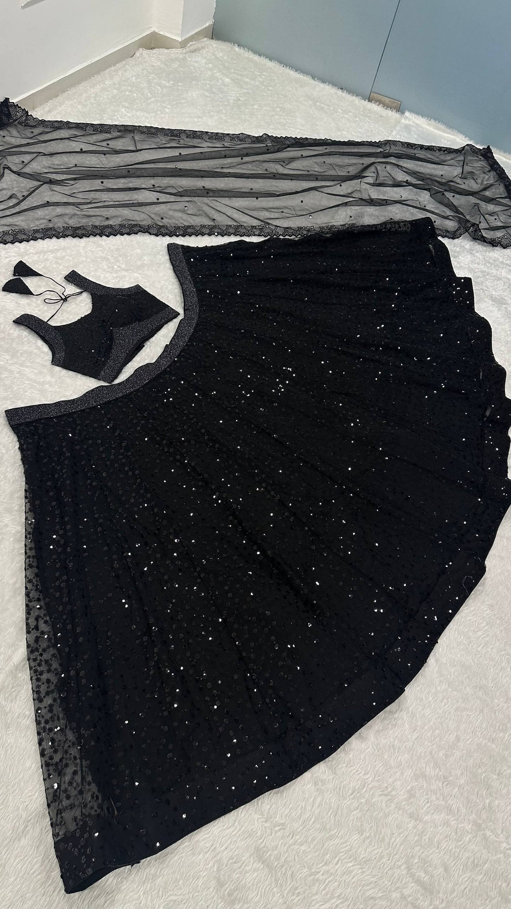 Black Designer Net Sequins & Zari Embroidered Lehenga Choli Set with 3.5 Meter Flair & Matching Dupatta ClothsVilla