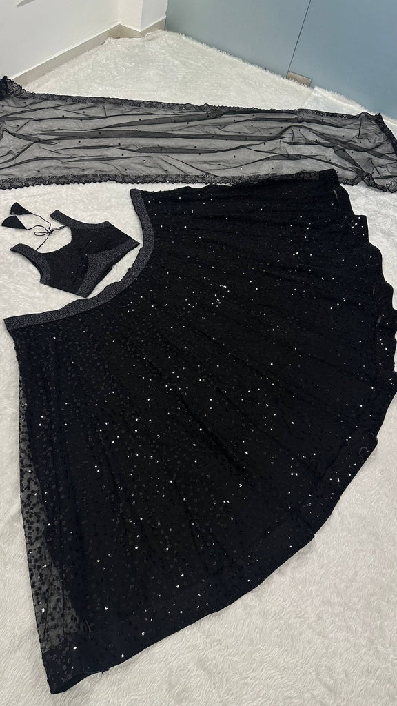 Black Designer Net Sequins & Zari Embroidered Lehenga Choli Set with 3.5 Meter Flair & Matching Dupatta ClothsVilla