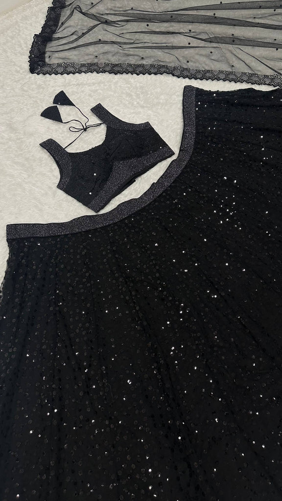 Black Designer Net Sequins & Zari Embroidered Lehenga Choli Set with 3.5 Meter Flair & Matching Dupatta ClothsVilla