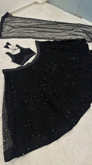 Black Designer Net Sequins & Zari Embroidered Lehenga Choli Set with 3.5 Meter Flair & Matching Dupatta ClothsVilla