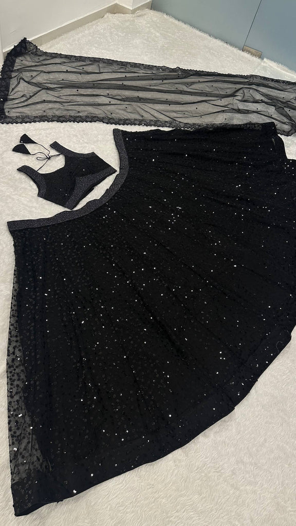 Black Designer Net Sequins & Zari Embroidered Lehenga Choli Set with 3.5 Meter Flair & Matching Dupatta ClothsVilla