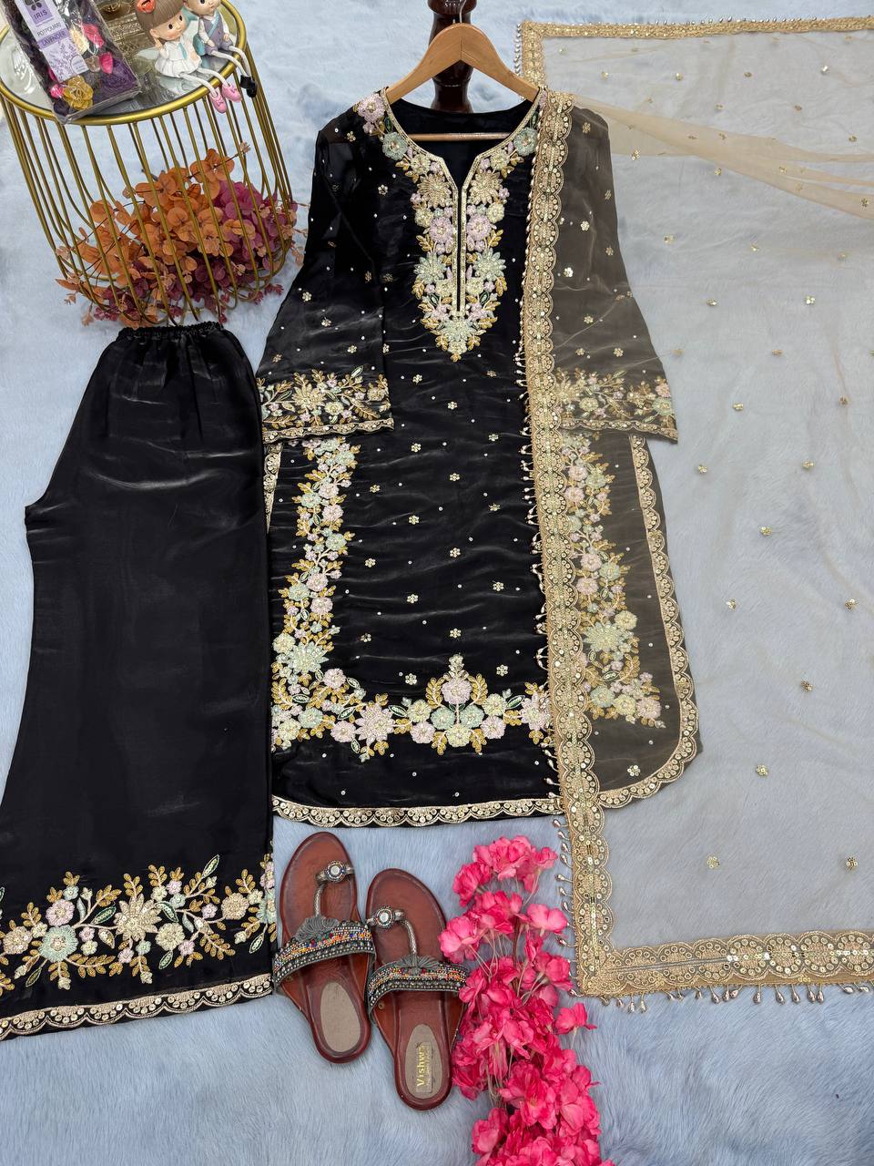 Black Designer Party Wear Chinon Silk Plazzo Set – Exquisite Embroidery & Handwork ClothsVilla Main image