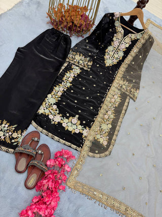 Black Designer Party Wear Chinon Silk Plazzo Set – Exquisite Embroidery & Handwork ClothsVilla