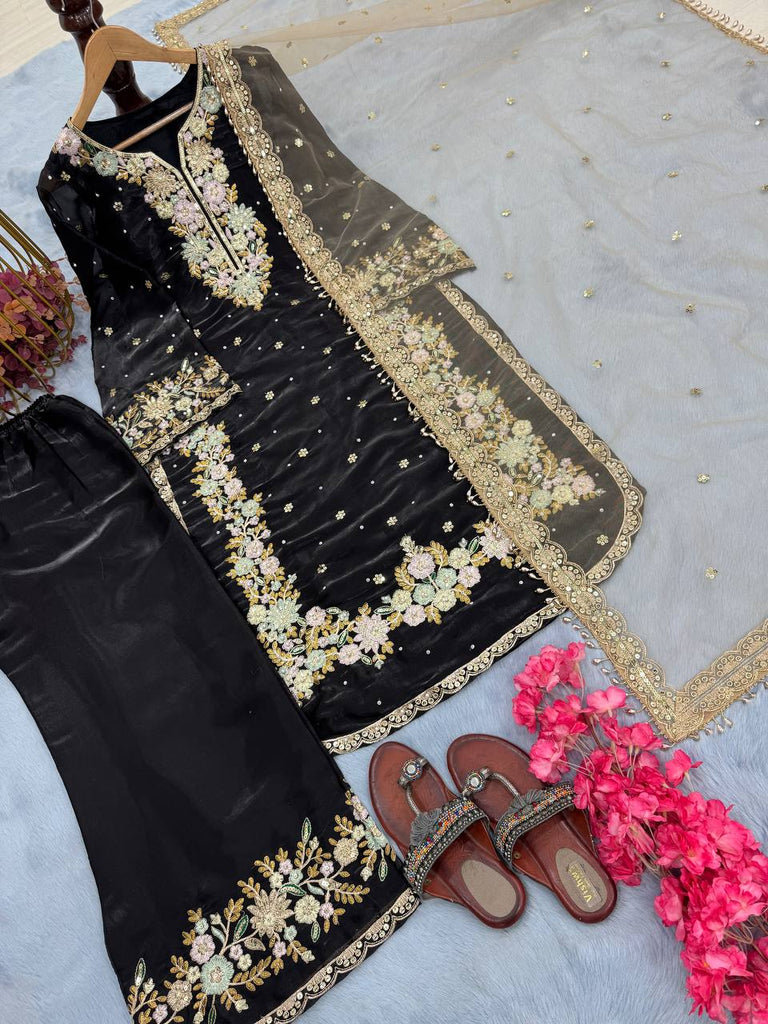 Black Designer Party Wear Chinon Silk Plazzo Set – Exquisite Embroidery & Handwork ClothsVilla