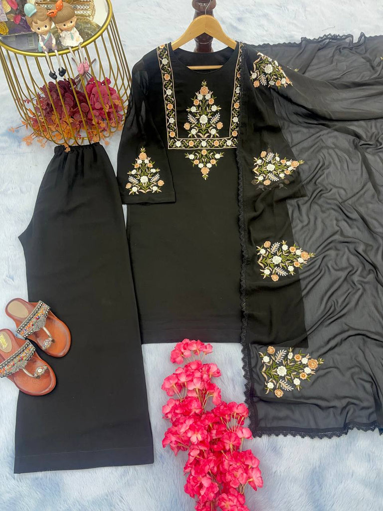 Black Designer Party Wear Top-Plazzo-Dupatta Set – Elegance Redefined Clothsvilla