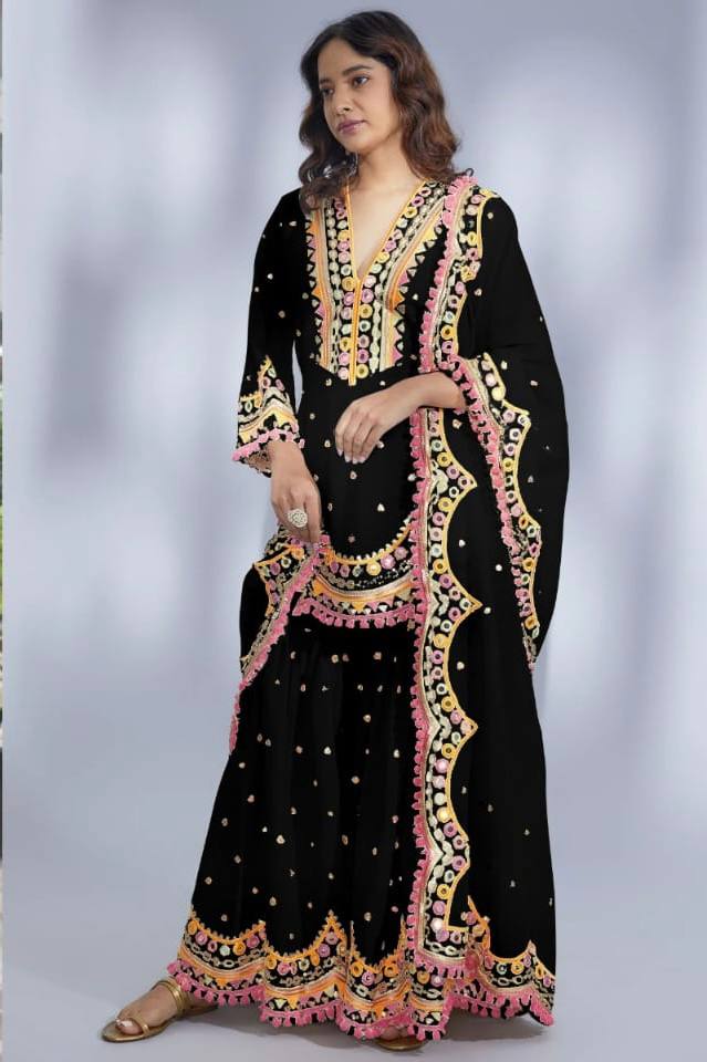 Black Designer Party Wear Top, Plazzo & Dupatta Set Clothsvilla