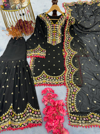 Black Designer Party Wear Top, Plazzo & Dupatta Set Clothsvilla