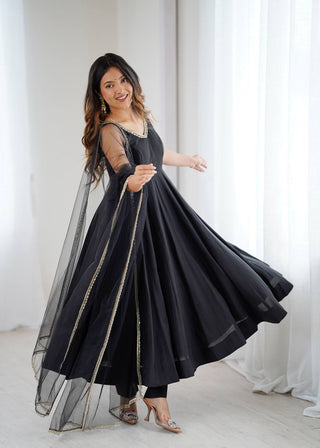 Black Designer Pure Romansilk Chanderi Anarkali Set with Fancy Lace Work & Mirror Lace Dupatta – Fully Stitched with Pants ClothsVilla