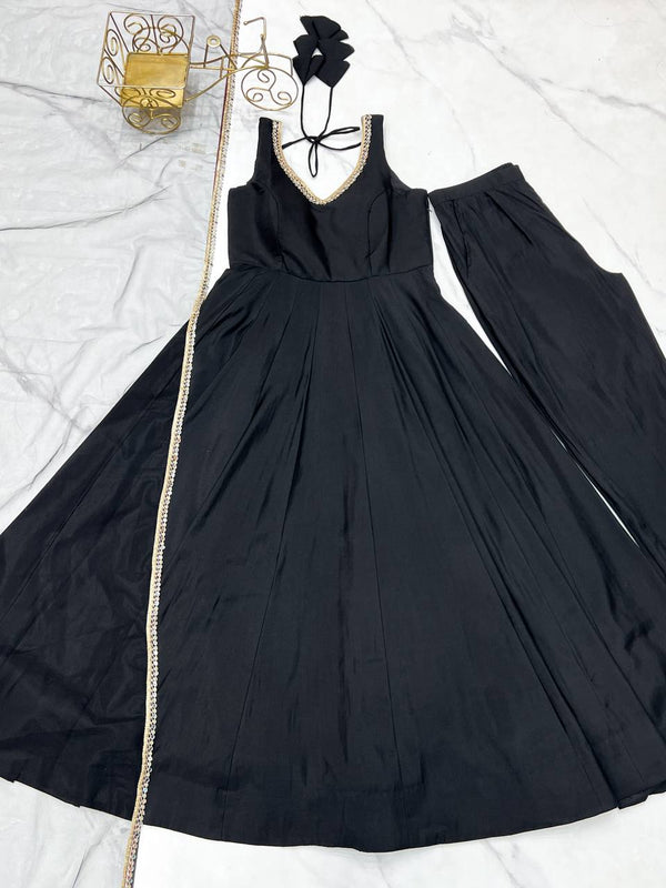 Black Designer Pure Romansilk Chanderi Anarkali Set with Fancy Lace Work & Mirror Lace Dupatta – Fully Stitched with Pants ClothsVilla