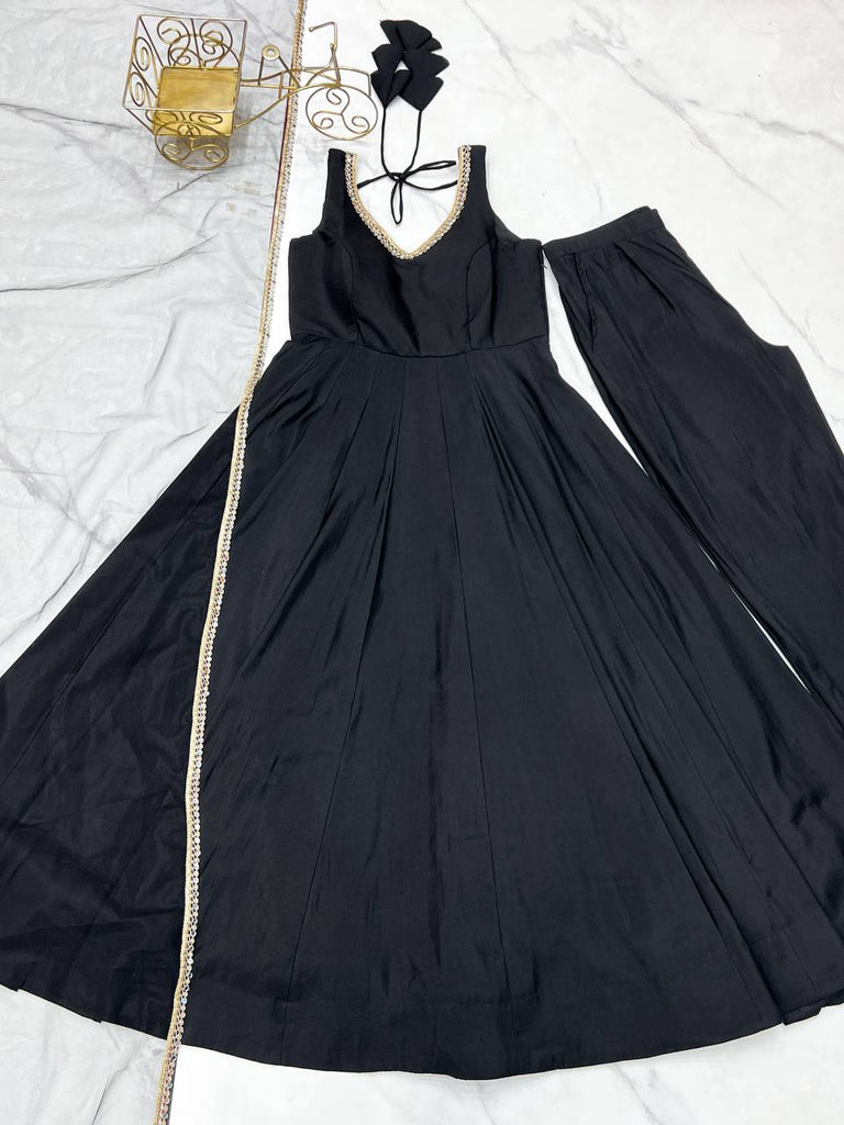 Black Designer Pure Romansilk Chanderi Anarkali Set with Fancy Lace Work & Mirror Lace Dupatta – Fully Stitched with Pants ClothsVilla