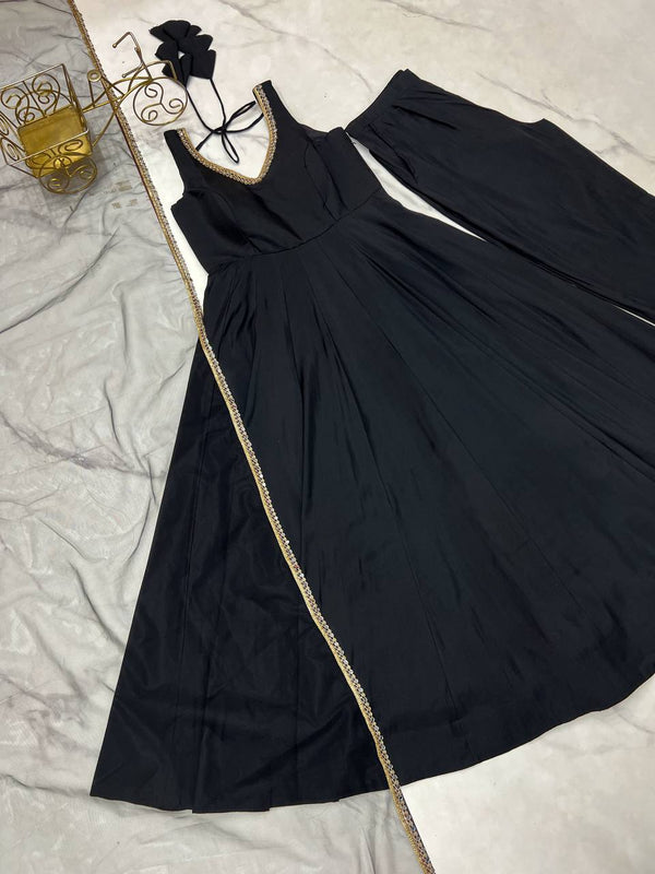 Black Designer Pure Romansilk Chanderi Anarkali Set with Fancy Lace Work & Mirror Lace Dupatta – Fully Stitched with Pants ClothsVilla