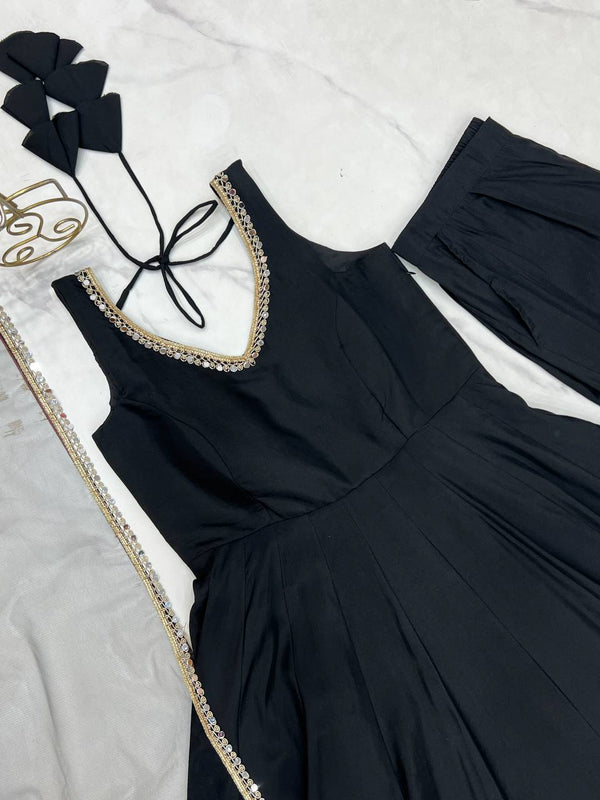 Black Designer Pure Romansilk Chanderi Anarkali Set with Fancy Lace Work & Mirror Lace Dupatta – Fully Stitched with Pants ClothsVilla