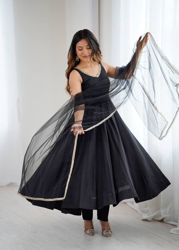 Black Designer Pure Romansilk Chanderi Anarkali Set with Fancy Lace Work & Mirror Lace Dupatta – Fully Stitched with Pants ClothsVilla