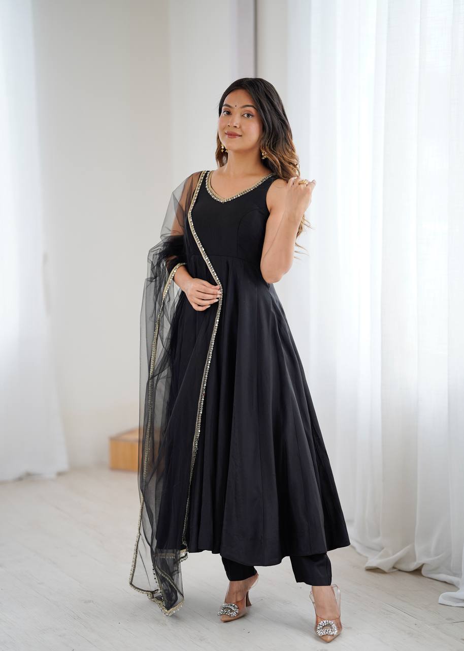 Black Designer Pure Romansilk Chanderi Anarkali Set with Fancy Lace Work & Mirror Lace Dupatta – Fully Stitched with Pants ClothsVilla Main image