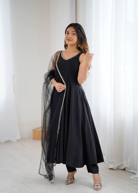 Black Designer Pure Romansilk Chanderi Anarkali Set with Fancy Lace Work & Mirror Lace Dupatta – Fully Stitched with Pants ClothsVilla Main image