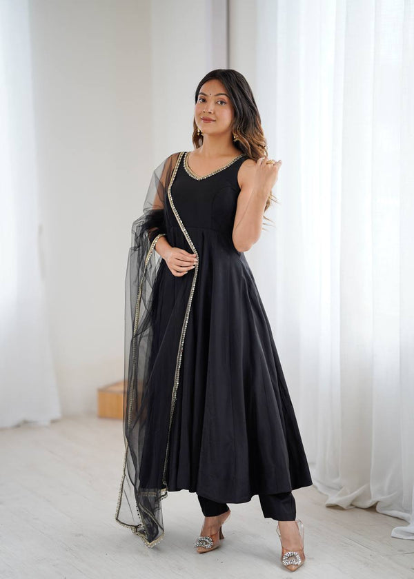 Black Designer Pure Romansilk Chanderi Anarkali Set with Fancy Lace Work & Mirror Lace Dupatta – Fully Stitched with Pants ClothsVilla