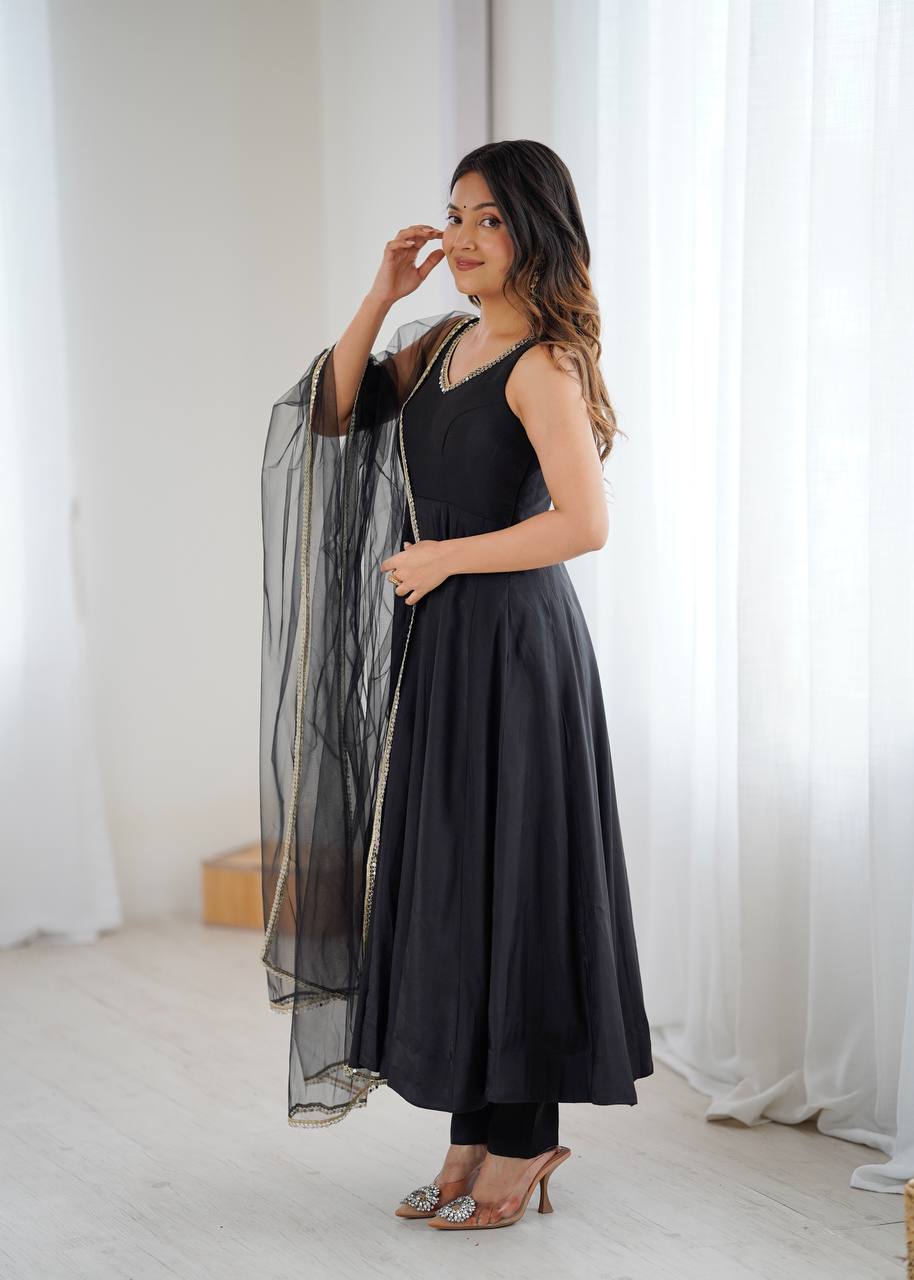 Black Designer Pure Romansilk Chanderi Anarkali Set with Fancy Lace Work & Mirror Lace Dupatta – Fully Stitched with Pants ClothsVilla