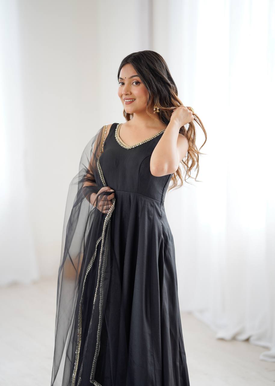 Black Designer Pure Romansilk Chanderi Anarkali Set with Fancy Lace Work & Mirror Lace Dupatta – Fully Stitched with Pants ClothsVilla