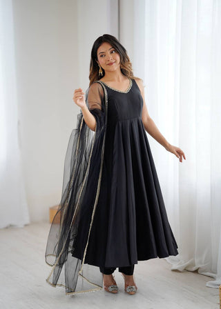 Black Designer Pure Romansilk Chanderi Anarkali Set with Fancy Lace Work & Mirror Lace Dupatta – Fully Stitched with Pants ClothsVilla