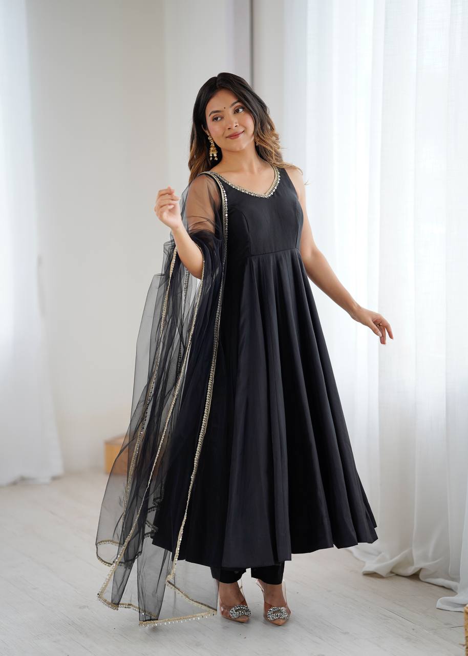 Black Designer Pure Romansilk Chanderi Anarkali Set with Fancy Lace Work & Mirror Lace Dupatta – Fully Stitched with Pants ClothsVilla