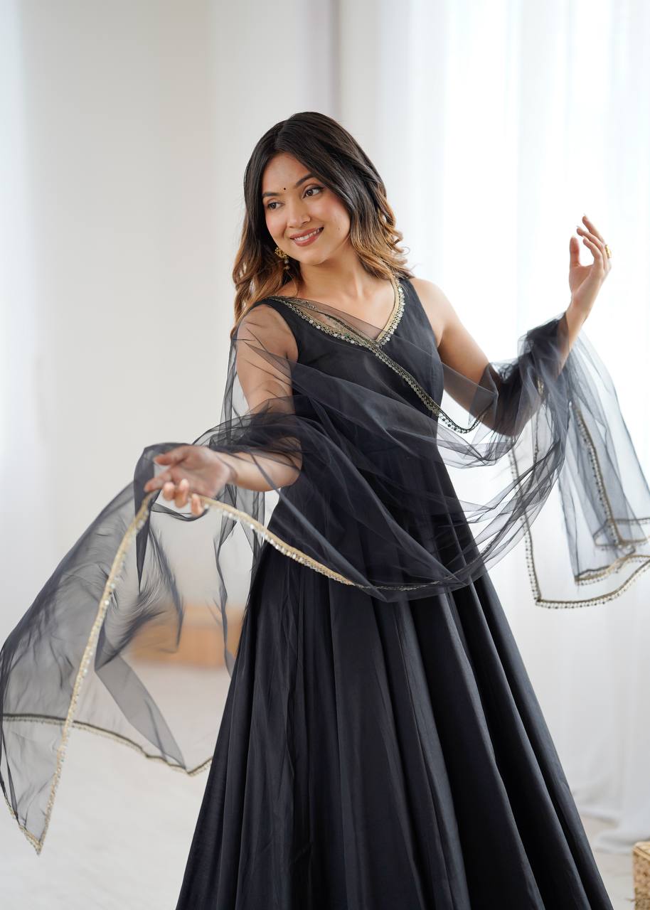 Black Designer Pure Romansilk Chanderi Anarkali Set with Fancy Lace Work & Mirror Lace Dupatta – Fully Stitched with Pants ClothsVilla
